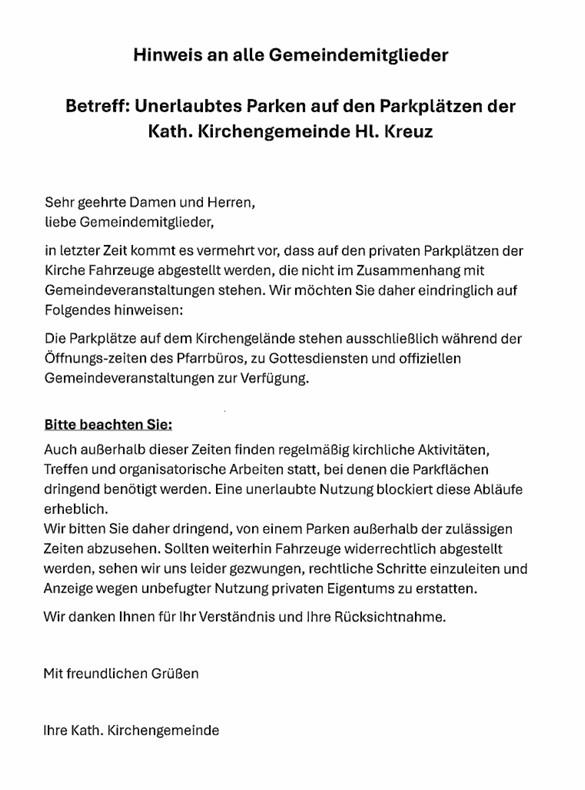 Parken auf dem Parkplatz der Kath. Kirchengemeinde