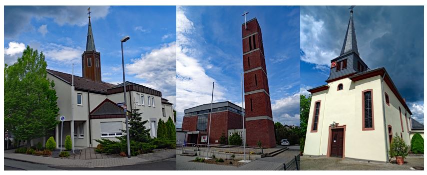 Sind am 03. Juli 2021 offen: Die katholischen Kirchen (v.l.n.r) St. Alban (Trebur), St. Ulrich (Geinsheim) und St. Petrus in Ketten (Astheim). (c) Markus Schenk