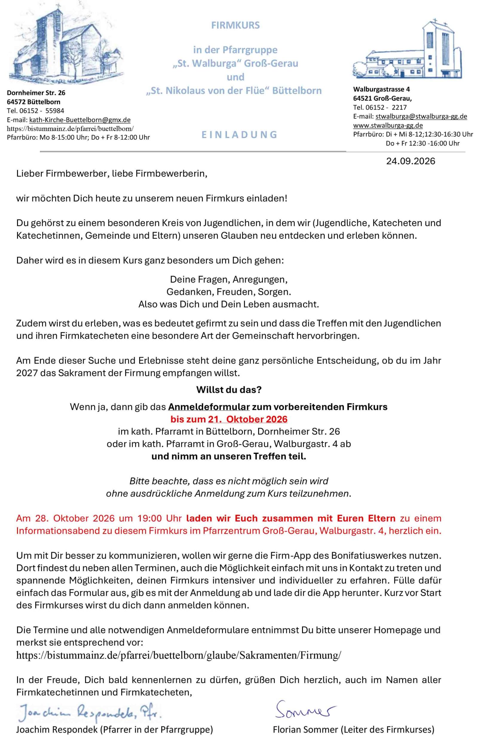 Einladung zur Firmung 2027 (c) Pfarrbüro Pfarrgruppe GG/BÜBO