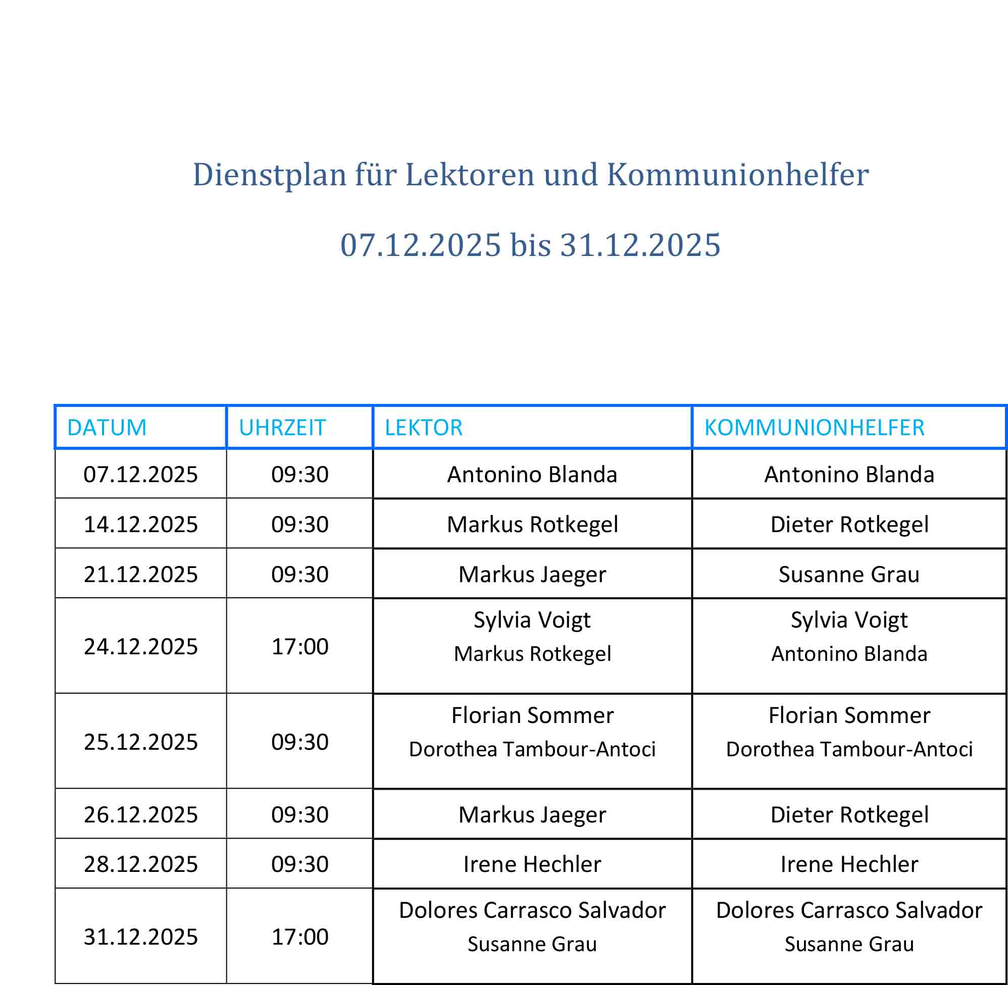 Dienstplan für Lektoren und Kommunionhelfer 2025-12 (c) Pfarrbüro Pfarrgruppe GG/BÜBO