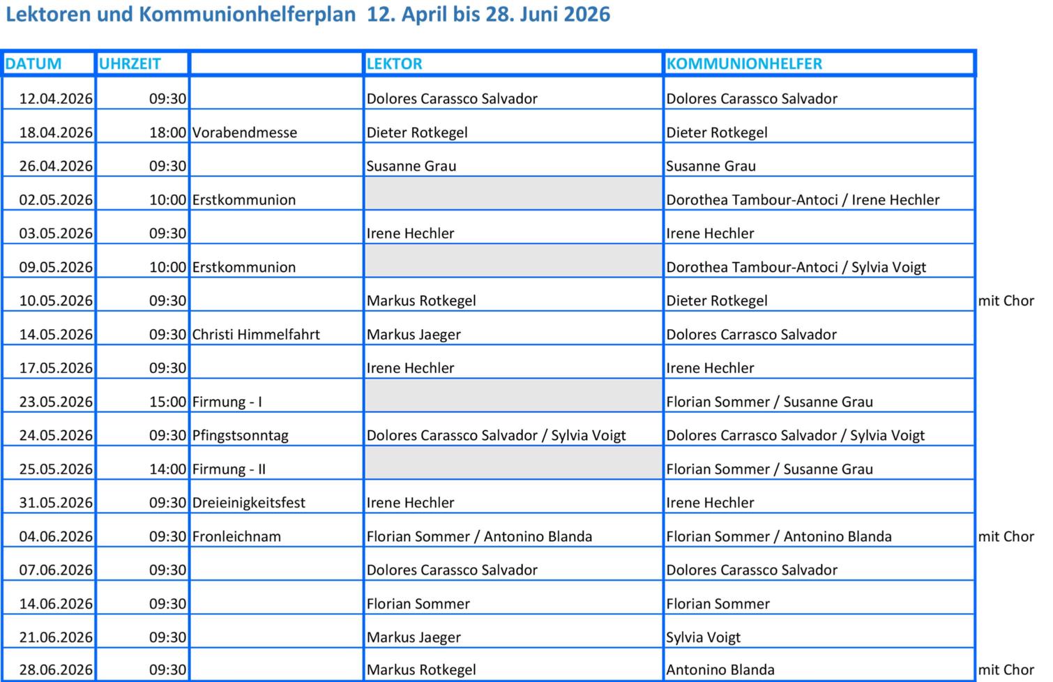 Lektoren- und Kommunionhelferplan 2026_II (c) Pfarrbüro Pfarrgruppe GG/BÜBO