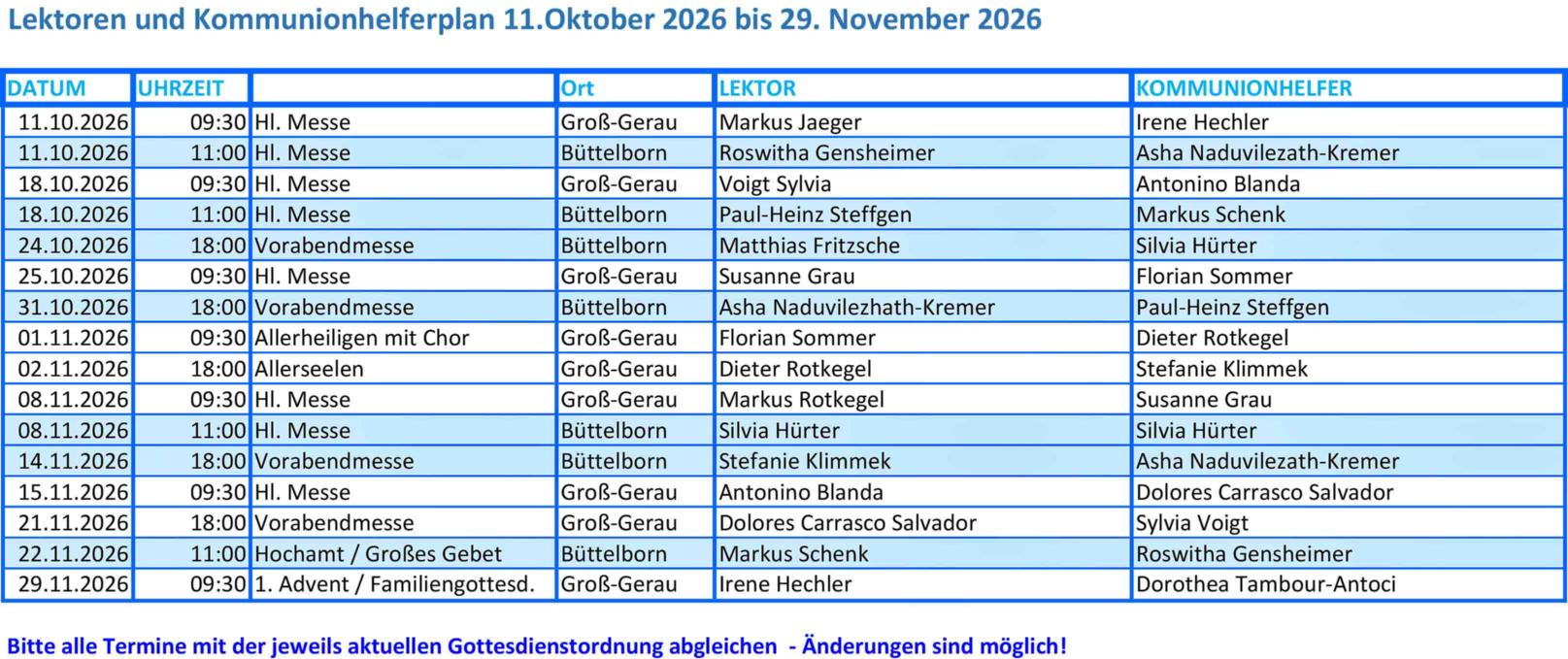 Lektoren- und Kommunionhelferplan 2026_IV (c) Pfarrbüro Pfarrgruppe GG/BÜBO
