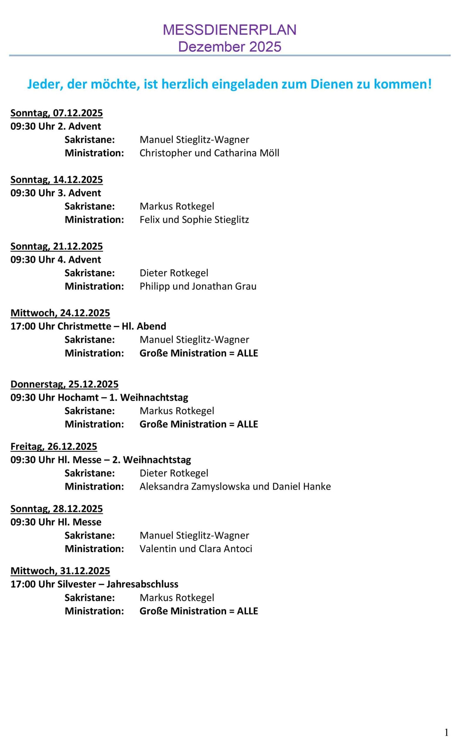 Messdienerordnung - 2025-12 (c) Pfarrbüro Pfarrgruppe GG/BÜBO