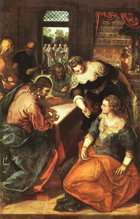 Martha (c) Tintoretto: Jesus im Haus von Martha (hinten) und Maria (vorn), 1570 - 75, in der Alten Pinakothek in München   ©️ Joachim Schäfer - Ökumenisches Heiligenlexikon.