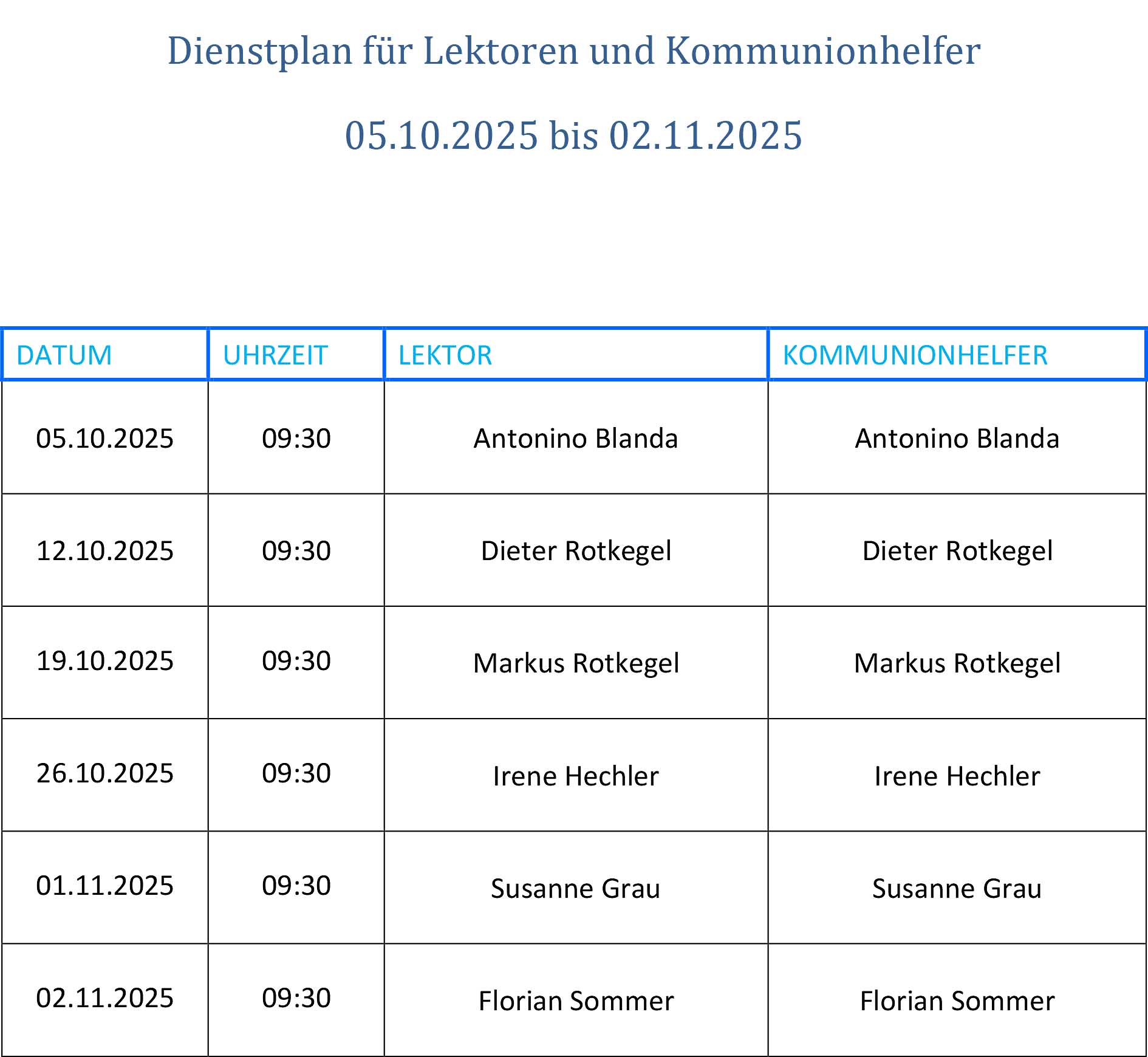 Dienstplan für Lektoren und Kommunionhelfer 2025-10 (c) Pfarrbüro Pfarrgruppe GG/BÜBO