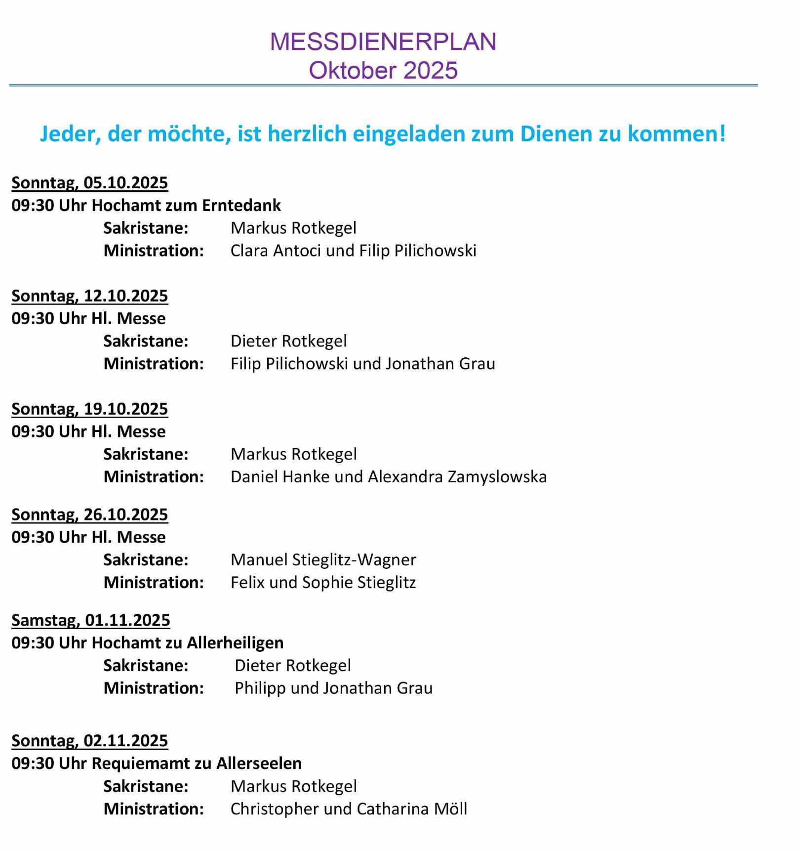 Messdienerordnung - 2025-10 (c) Pfarrbüro Pfarrgruppe GG/BÜBO