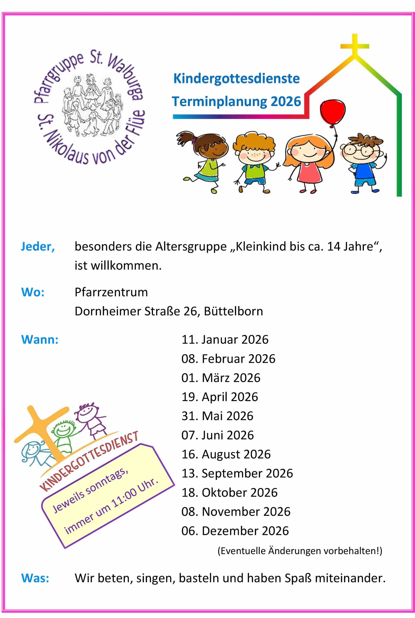 Kindergottesdienste 2026  Pfarrgruppe GG-BB (c) Pfarrbüro Pfarrgruppe GG/BÜBO