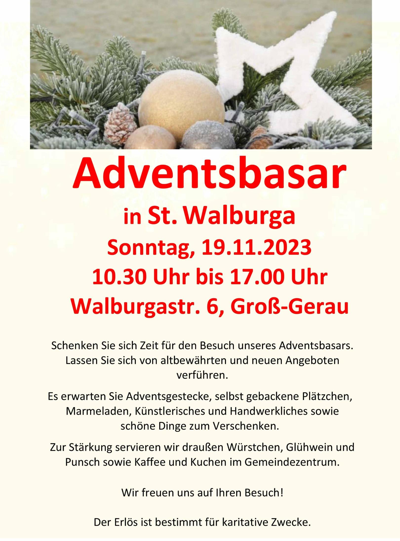 Plakat Adventsbasar 19.11.2023 Version 15.10.23 (c) Pfarrei St. Walburga