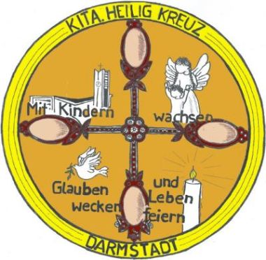 Ein Kreuz aus vier Ähren mit der Kirche einem Engel, einer Taube und einer Kerze sowie dem Motto