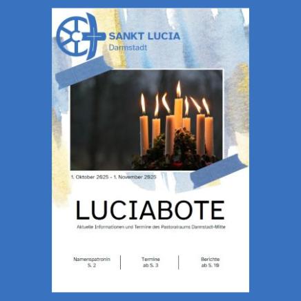 Titelseite des Luciaboten mit einem Bild mit Kerzen, dem zukünftigen Pfarreilogo darüber und der Überschrift darunter