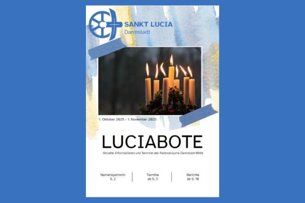 Titelseite des Luciaboten mit einem Bild mit Kerzen, dem zukünftigen Pfarreilogo darüber und der Überschrift darunter