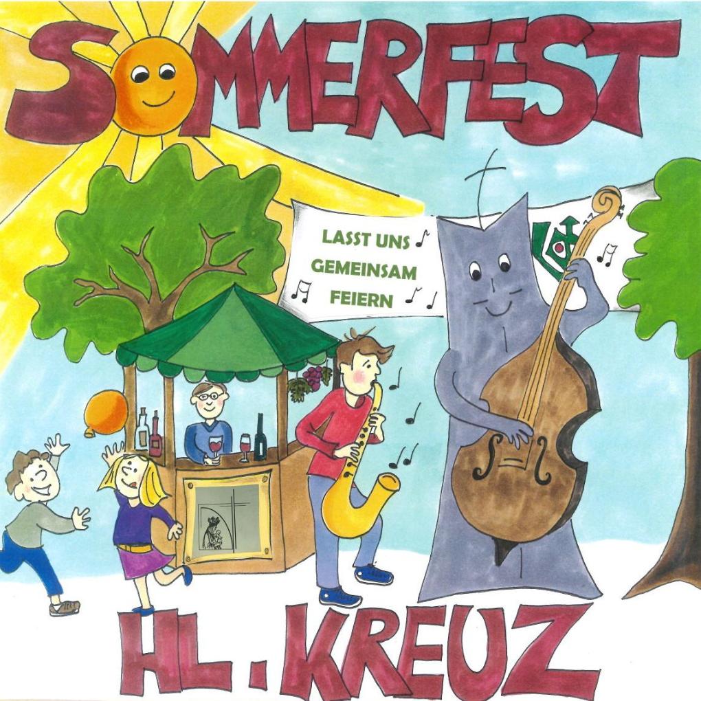 Kirchturm und Weinstand im Pfarrgarten bei Musik und Feierlaune