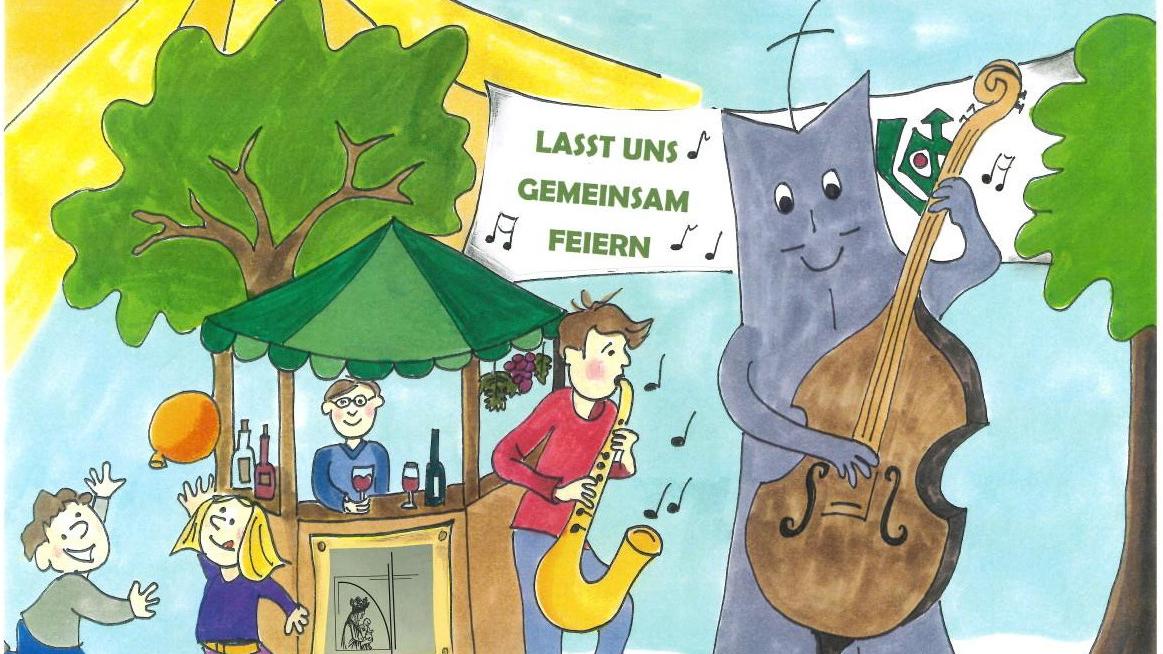 Kirchturm und Weinstand im Pfarrgarten bei Musik und Feierlaune