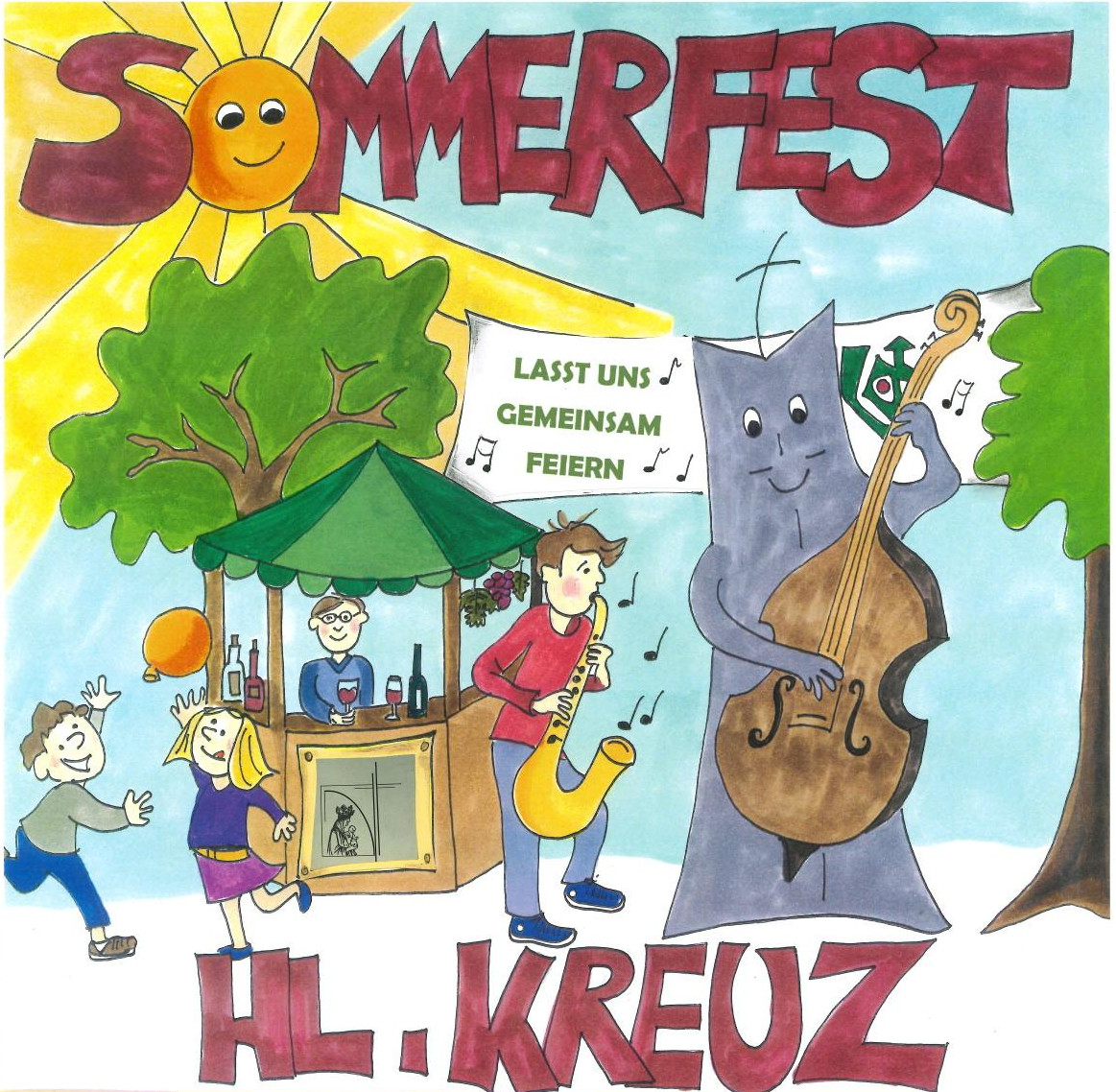 Kirchturm und Weinstand im Pfarrgarten bei Musik und Feierlaune