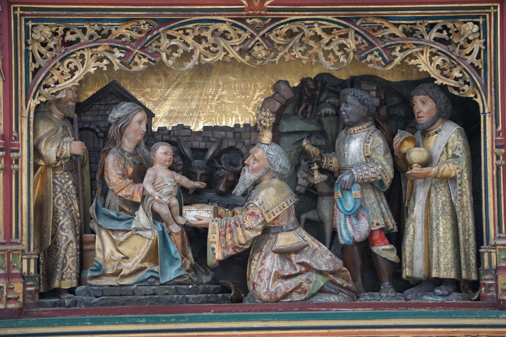 Die drei Weisen aus dem Morgenland begrüßen die Hl. Familie - Unteres Mittelteil aus dem Flügelaltar aus St. Elisabeth, Darmstadt