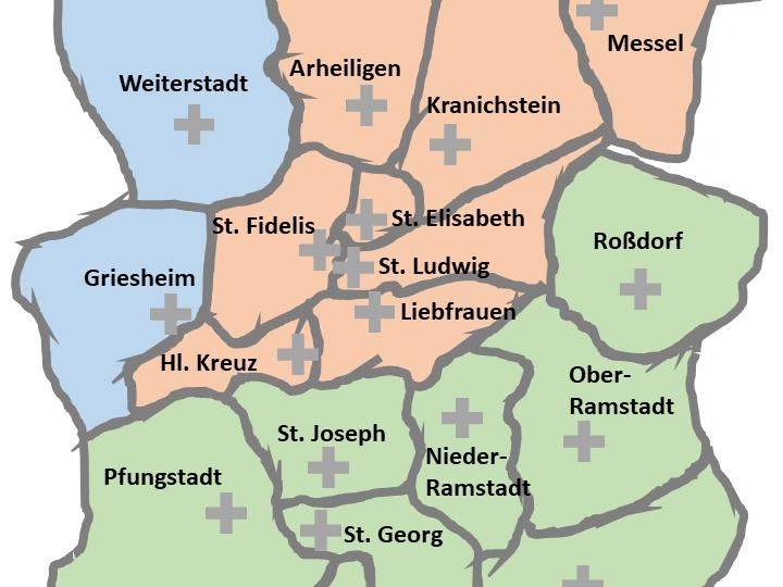 Zukünftige Pfarreienstruktur im Dekanat Darmstadt - Modell 3-11 A