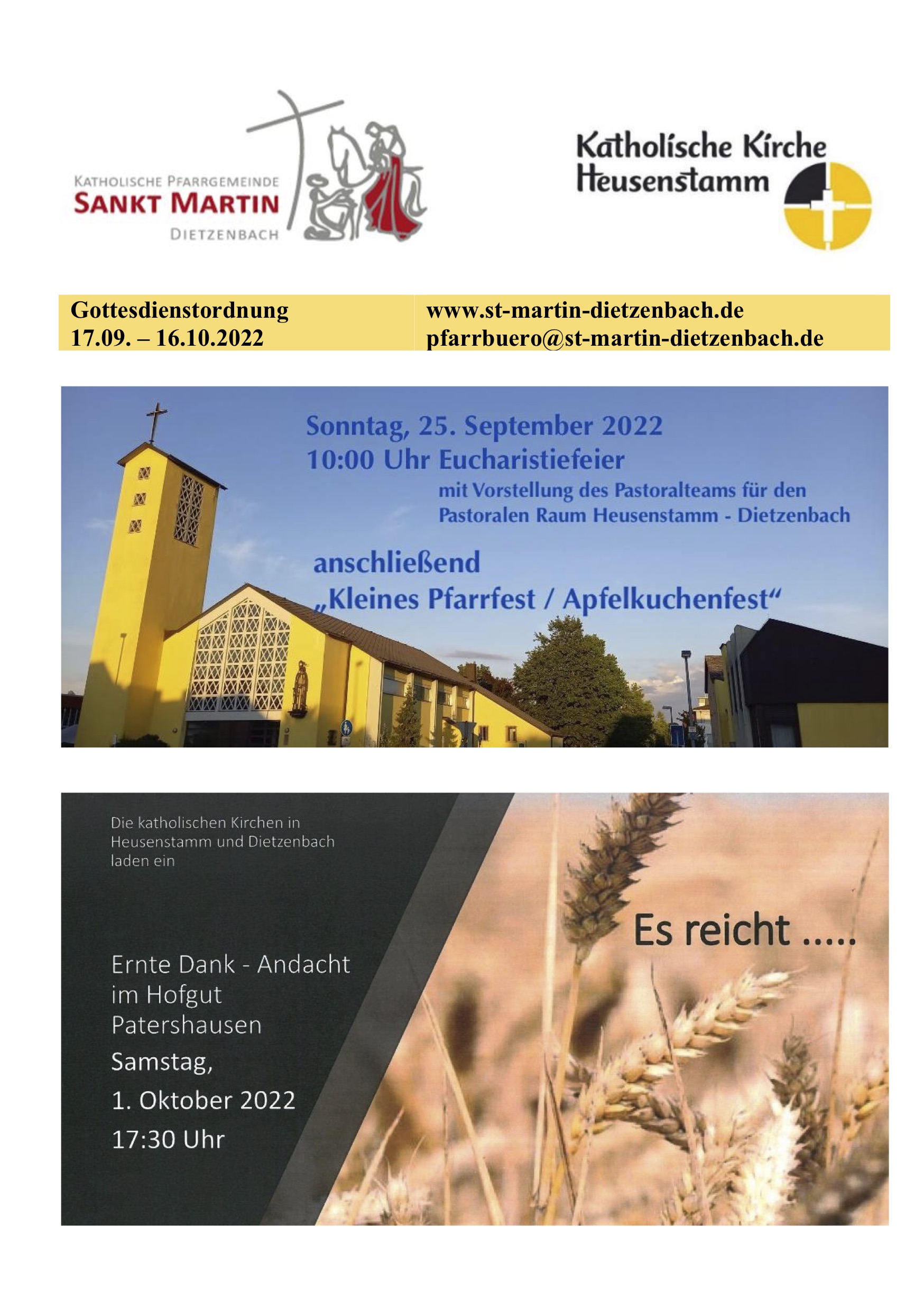 Gottesdienstordnung 17.09.-16.10.2022 (c) Pfarrbüro Sankt Martin, G. Witt