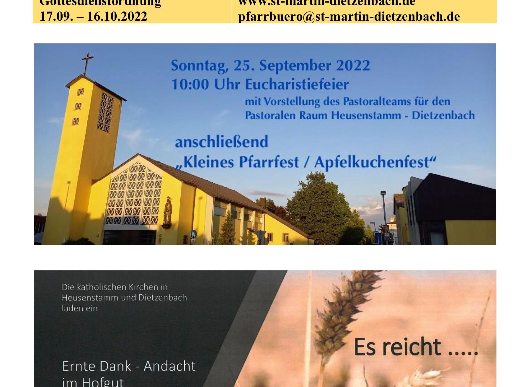 Gottesdienstordnung 17.09.-16.10.2022 (c) Pfarrbüro Sankt Martin, G. Witt