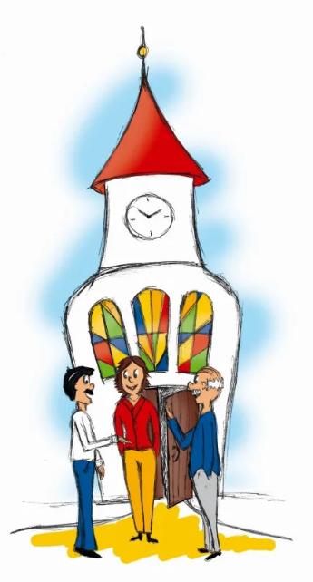 Cartoon Leute vor Kirchturm