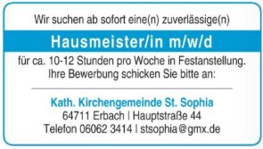Hausmeister (m/w/d) gesucht (c) Kath. Kirchengemeinde St. Sophia