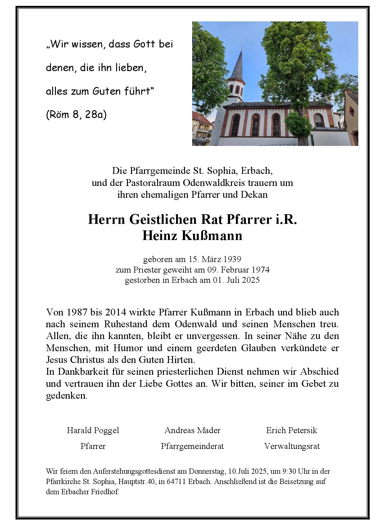 Traueranzeige Heinz Kussmann (c) Gemeinde St. Sophia