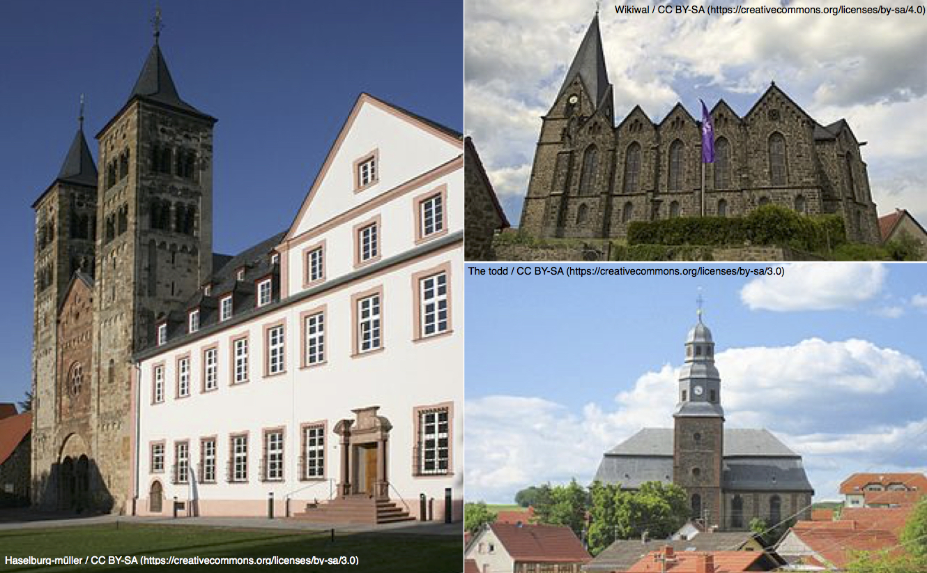 Domkirchen in der Region: das ehemalige Praemonstratenser-Chorherrenstift in Niddatal-Ilbenstadt (links), die Evangelischen Kirchen in Londorf (oben) und Birstein (unten) (c) Förderverein St. Thomas Morus e.V.