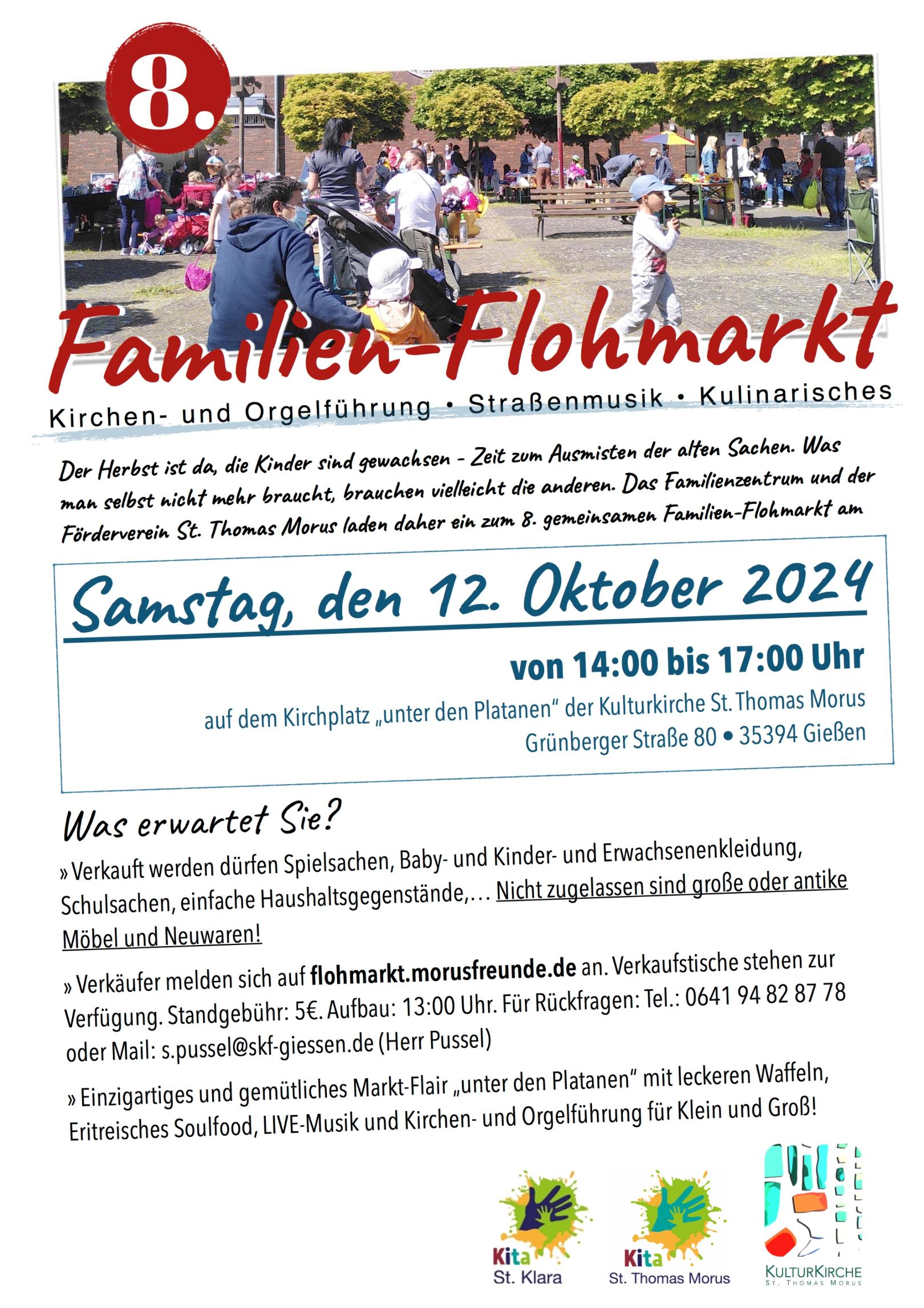 Familiär und idyllisch: 8. Familien-Flohmarkt am Samstag, den 12.10.24 von 14 bis 17 Uhr unter den Platanen (c) Förderverein St. Thomas Morus e.V.