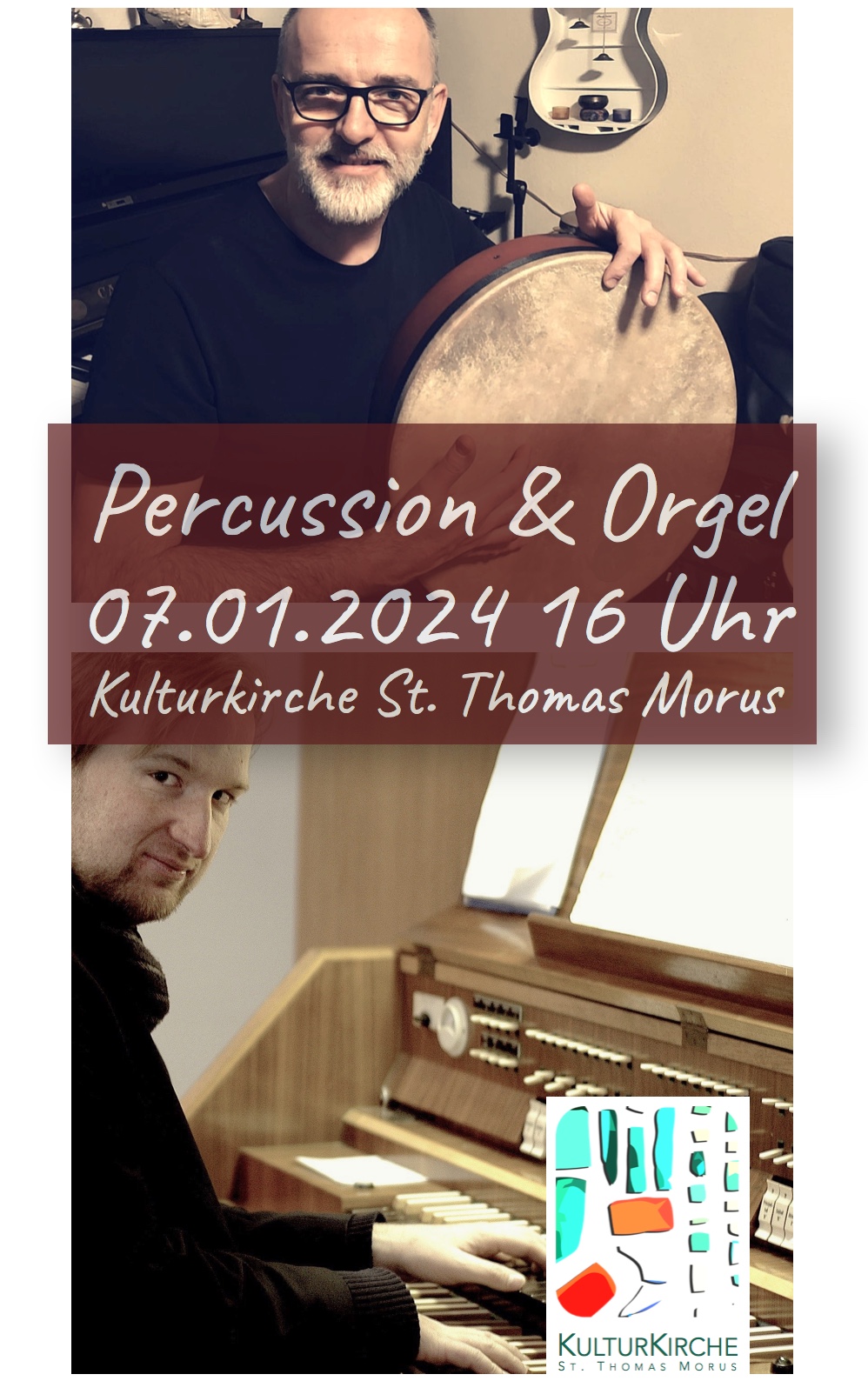 Percussion und Orgel am 7. Januar 2024 mit Stephan Pussel und Jakob Handrack (c) Förderverein St. Thomas Morus e.V.