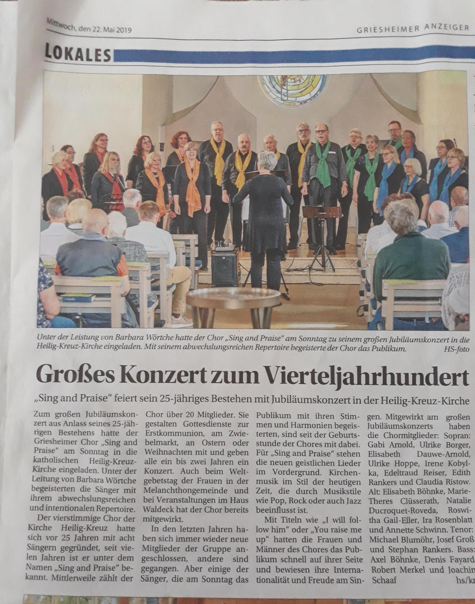 Presseartikel im Griesheimer Anzeiger vom 22.05.2019