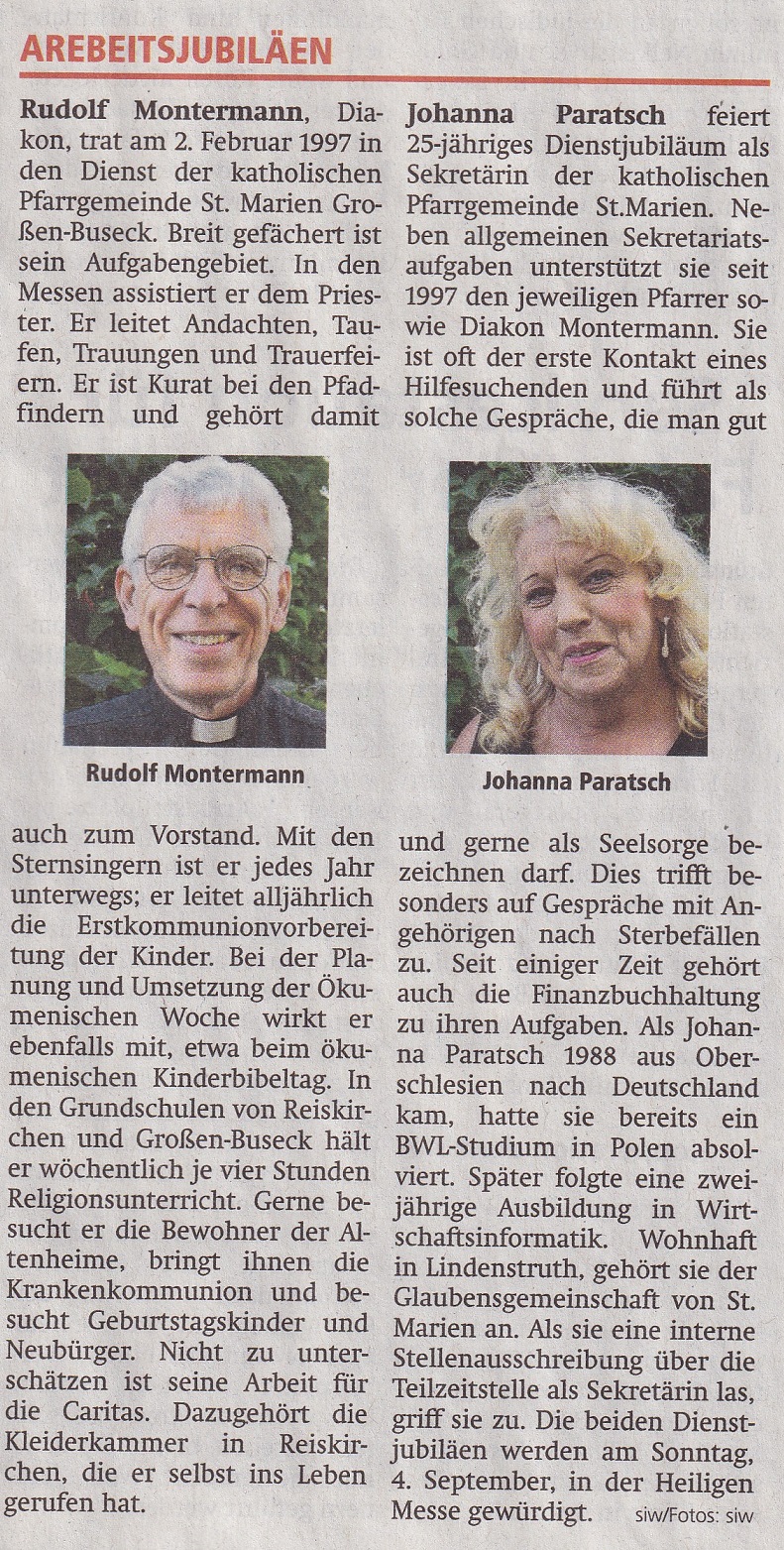 Arbeitsjubiläen Diakon Montermann und Pfarrsekretärin Frau Paratsch (c) Gießener Allgemeine / Siglinde Wagner