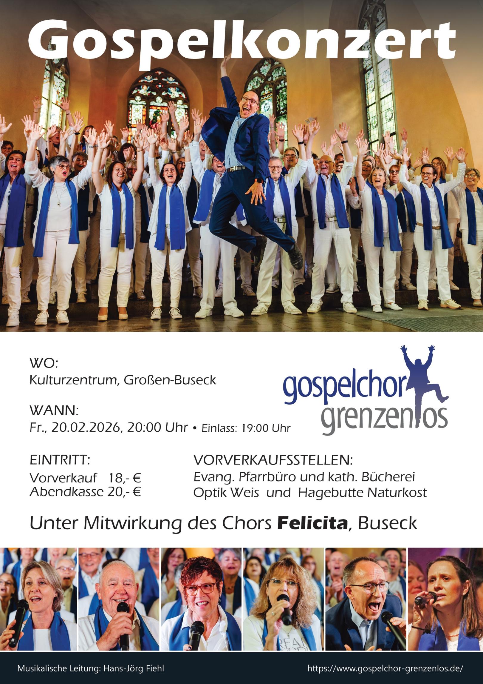Plakat Gospelchor Grenzenlos, Konzert am 20.2.2026 in Buseck (c) Gospelchor Grenzenlos