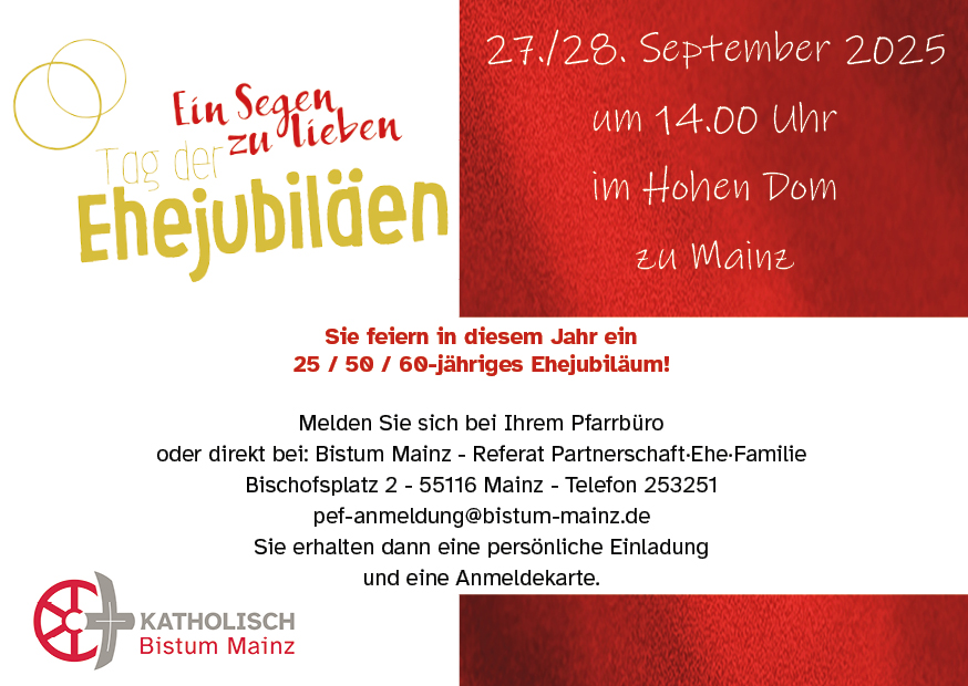 Ehejubilare 2025 (c) Bischöfliches Ordinariat Mainz DEZERNAT SEELSORGE   Referat Partnerschaft · Ehe · Familie