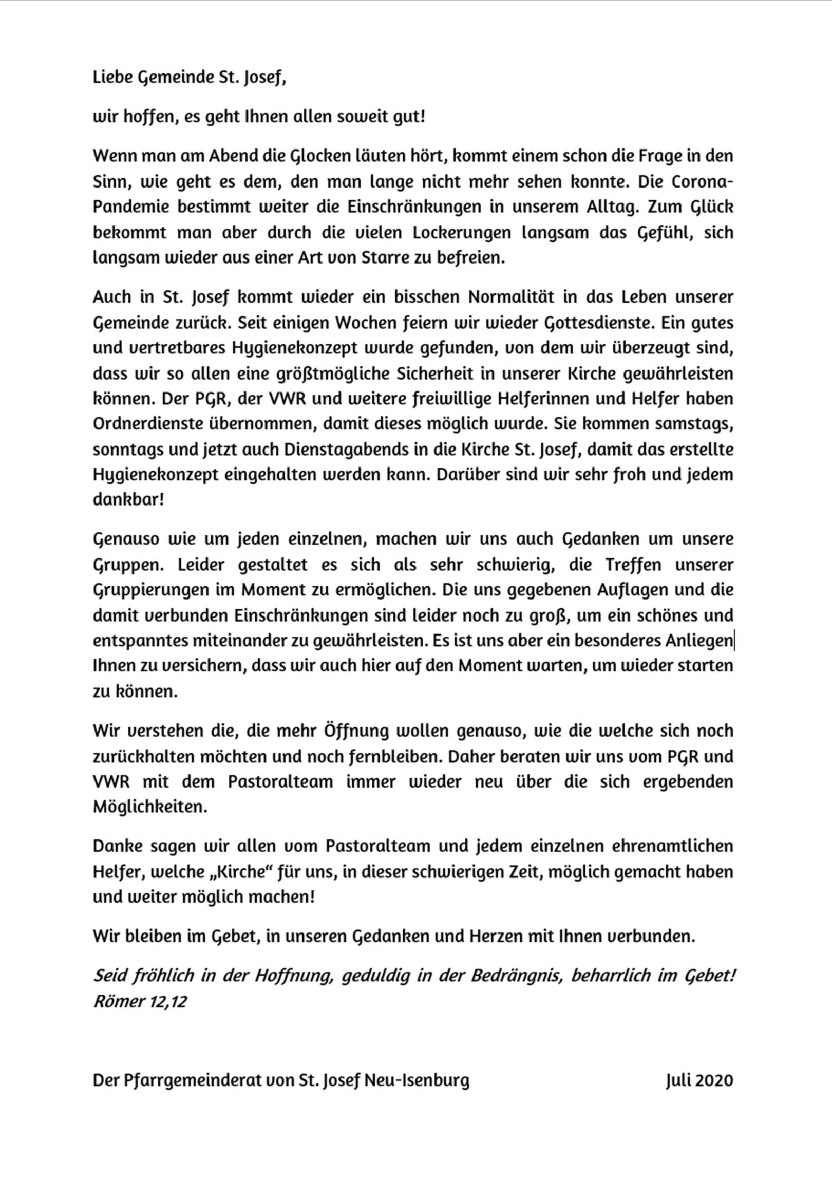 PGR Brief an Gemeinde (c) PGR St. Josef