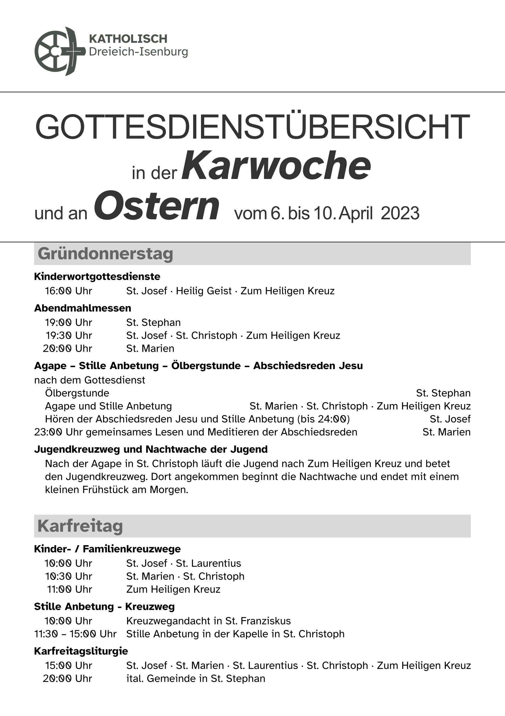 Übersicht Karwoche und Ostern 2023 I (c) Katholisch Dreieich-Isenburg