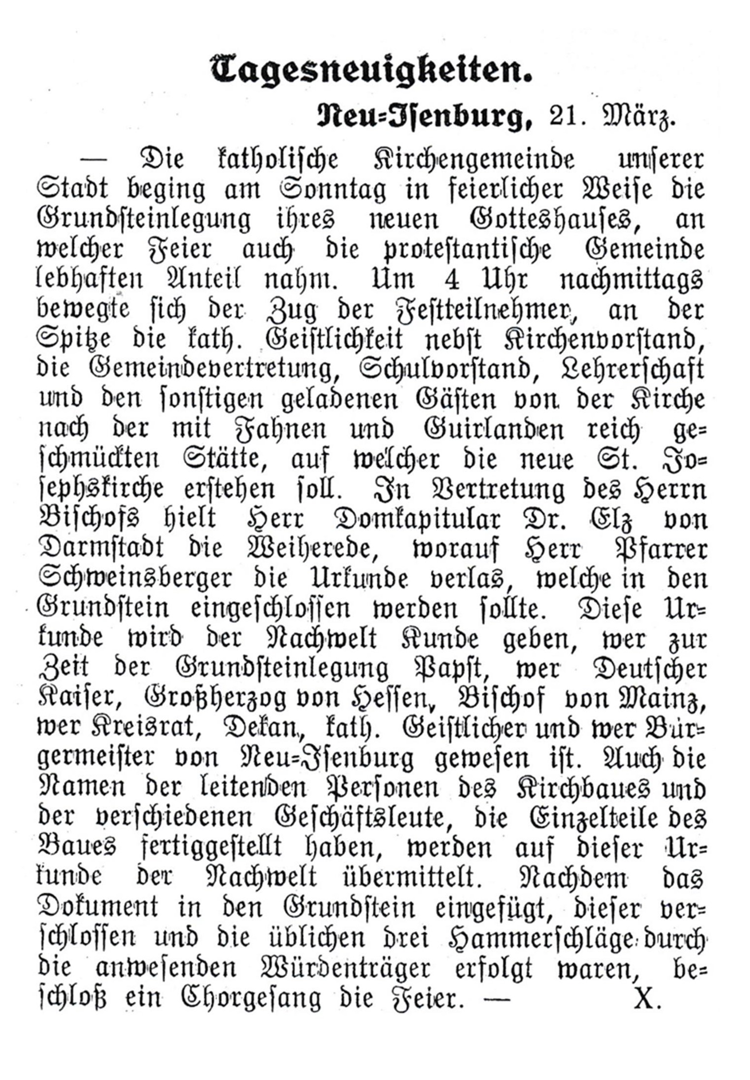 Bericht der Grundsteinlegung im Neu-Isenburger Anzeigeblatt von 1911 (c) Kirche St. Josef
