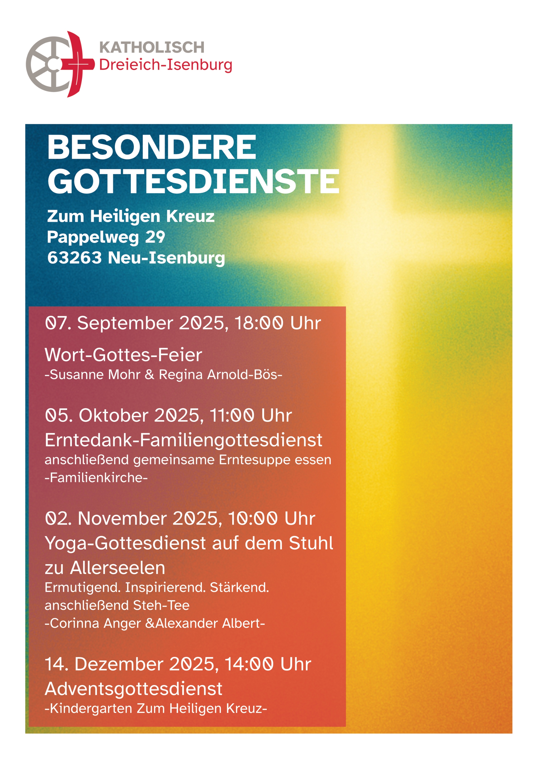 Plakat mit den Terminen und Themen der besonderen Gottesdienste in Zum Heligen Kreuz