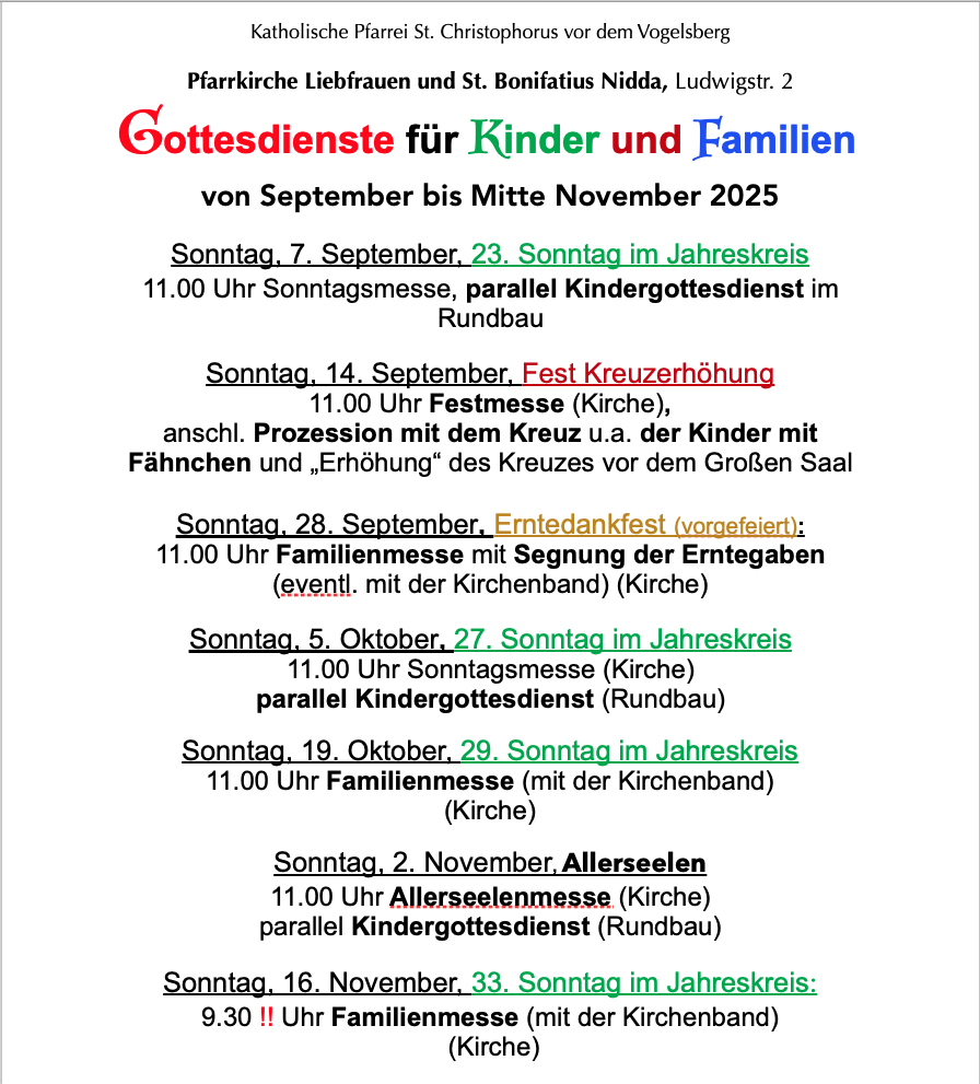 Gottesdienste für Kinder und Familien von September bis Mitte November 2025