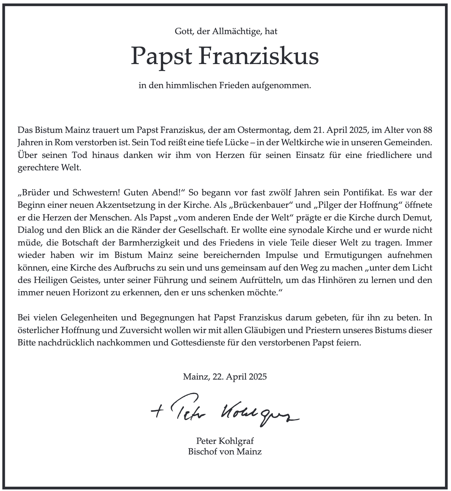 Würdigung Papst Franziskus d. Bischof Kohlgraf