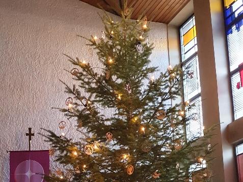 Der von Familie gestiftete Weihnachtsbaum in vollem Glanz