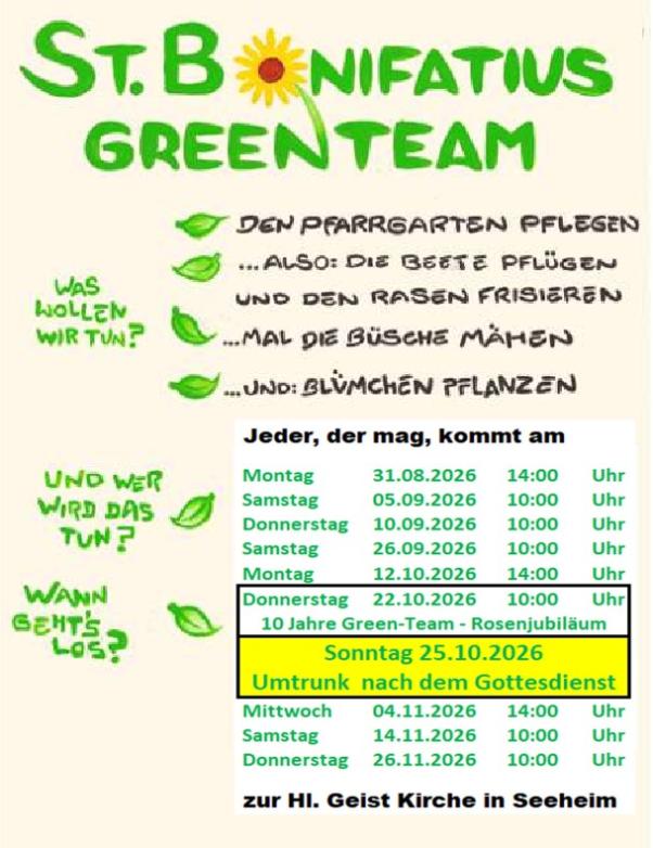 Termine des Green-Teams von August bnis November 2026
