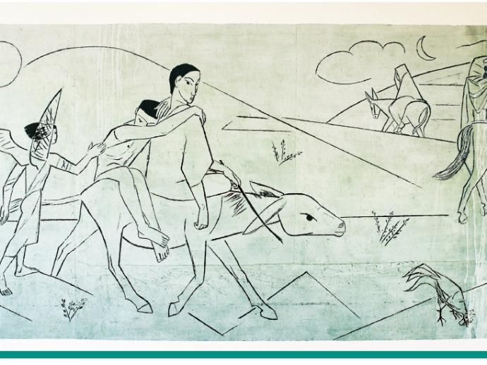 Graphik: Menschen reiten auf eseln und werden von einem Engel begleitet