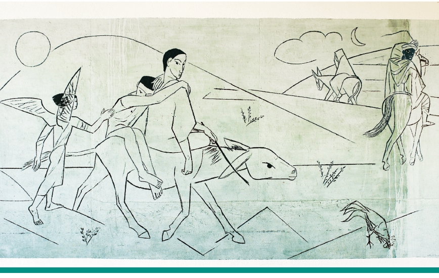 Graphik: Menschen reiten auf eseln und werden von einem Engel begleitet