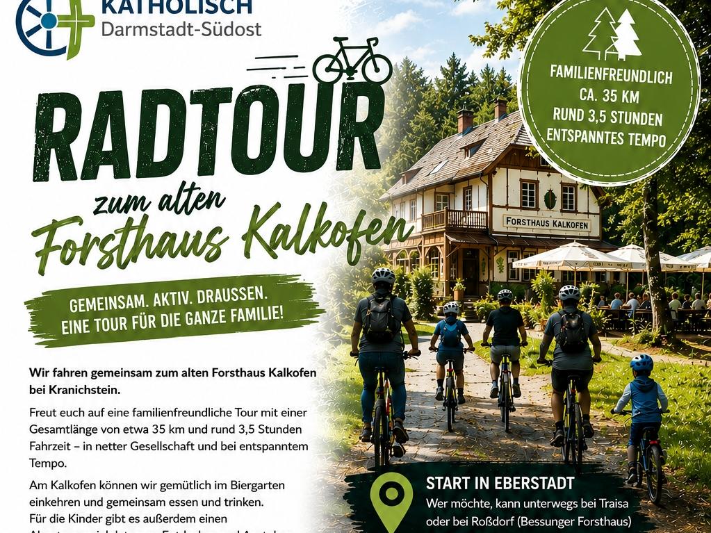 Schriftzug 'Radtourzum alten Forsthaus Kalkofen' und Bild mit Radlern, die auf das Forsthaus zu radeln