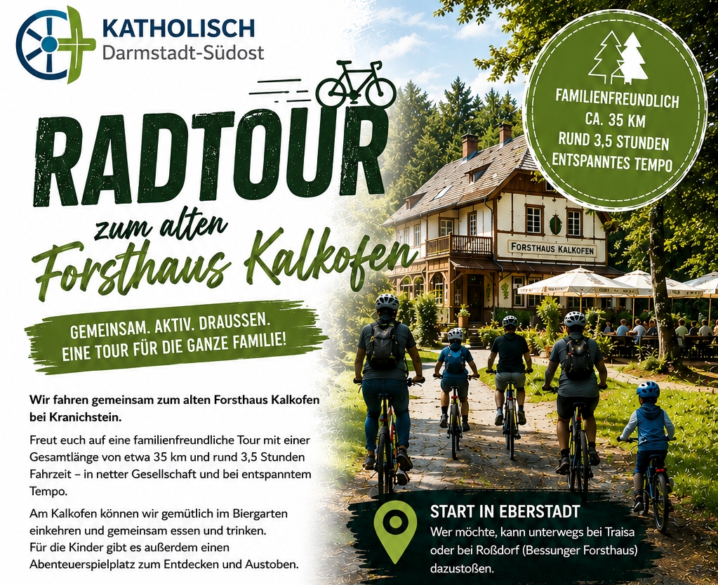 Schriftzug 'Radtourzum alten Forsthaus Kalkofen' und Bild mit Radlern, die auf das Forsthaus zu radeln