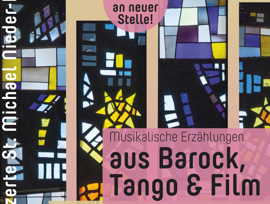 Konzertankündigung mit Kirchenfenstern als Hintergrund