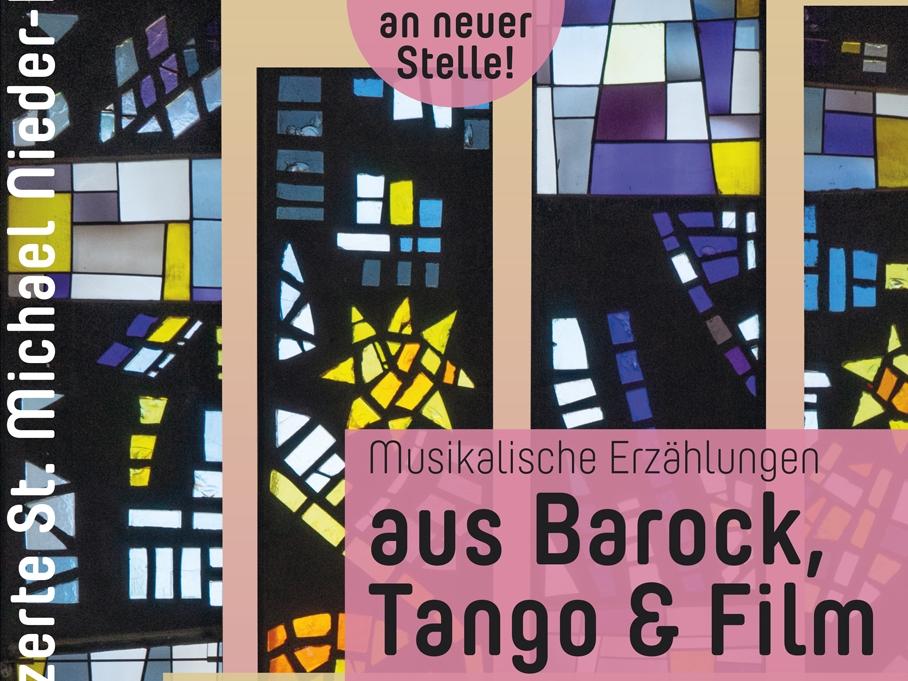 Konzertankündigung mit Kirchenfenstern als Hintergrund