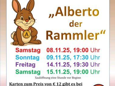 ein Häschen, Alberto der Rammler, präsentiert die Termine und Informationen zum gleichnamigen Theaterstück der Concordia Pfungstadt
