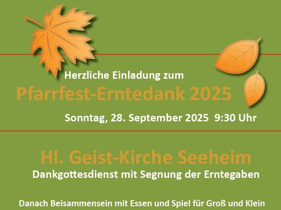 auf grünem Untergrundsind herbstliche Laubblätter und die einladung zum Erntedank-Pfarrfest zu sehen.