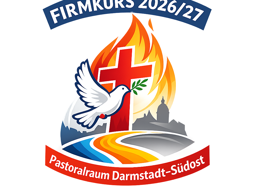 Taube über einem Weg, der zum Kreuz und der Flamme des Heiligen Geistes führt. Im Hintergrund eine Domkirche
