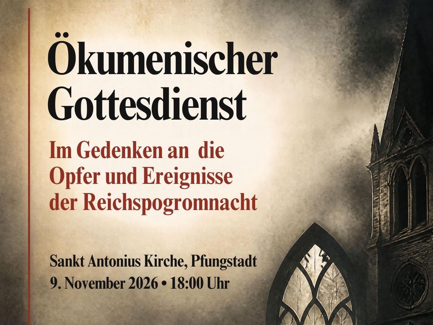 Ankündigung desmÖkumenischen Gottesdienstes vor dem Hintergrund einer brennenden Synagoge